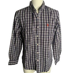 US Polo Button Down Long Sleeve Shirt L Blue Brown Plaid Collar Pocket Cotton